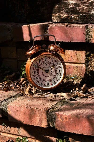 Vintage Alarm Clock Red Brick Wall — 스톡 사진