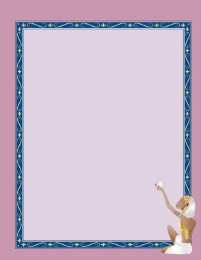 Cleopatra letter sheet design with curved elegant shapes border and Fleur de Lis, in pink colors,In the lower right corner you have a beautiful illustration of the Egyptian queen Cleopatra, dressed in gold and pearly tones.