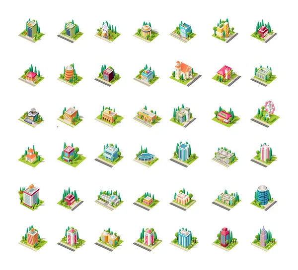 Grote set vector isometrie gebouw met gearrangeerd territorium — Stockvector