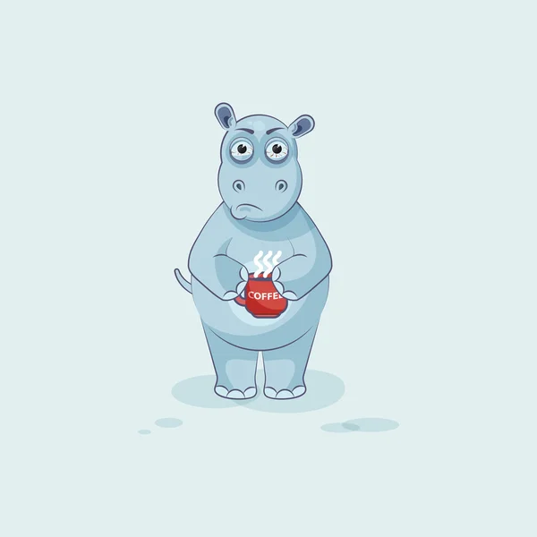 Emoji personaje de dibujos animados Hipopótamo nervioso con taza de café — Vector de stock
