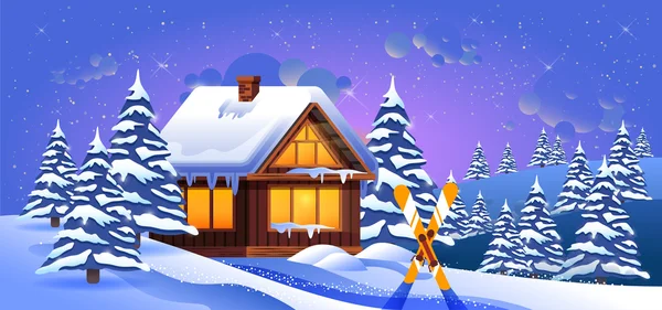 Ilustración vectorial de un paisaje invernal con esquís — Vector de stock