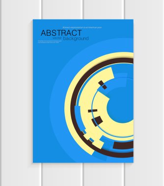 Mavi zemin üzerine sarı şekillerle soyut tarzda vektör broşürü