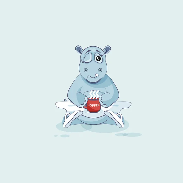 Ilustração vetorial personagem Emoji bailarina dos desenhos animados Hippopopotamus acabou de acordar com xícara de café — Vetor de Stock