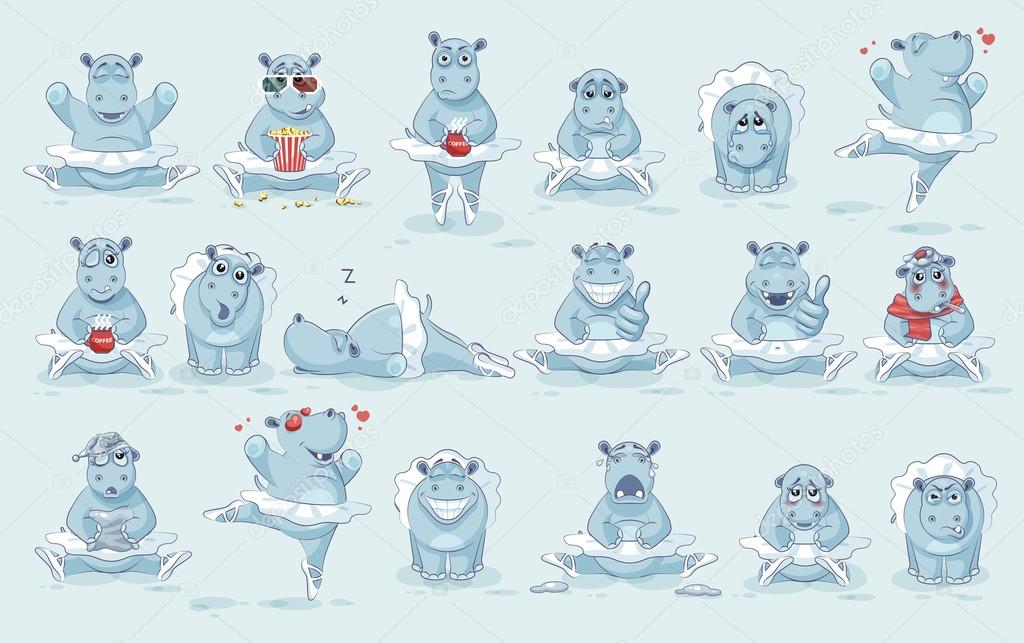 Set Vector Emoji character cartoon ballerina Hippopotamus