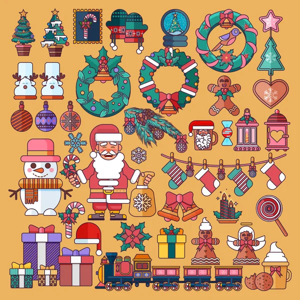 Vector set Christmas accessories in a linear cartoon style — Stock Vector