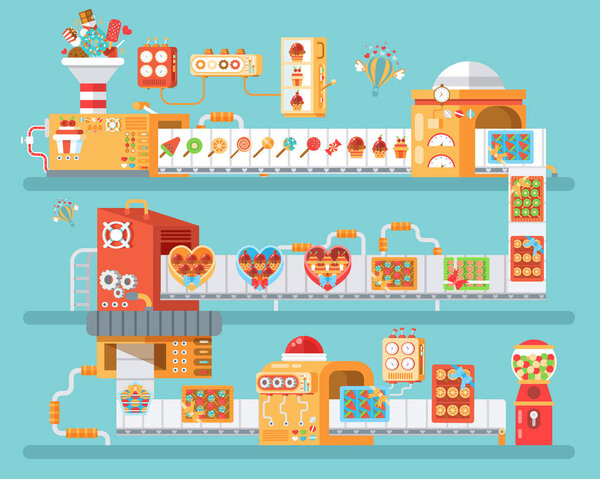 vertical illustration of isolated conveyor for production and packaging candies, lollipops  sweets, in flat style