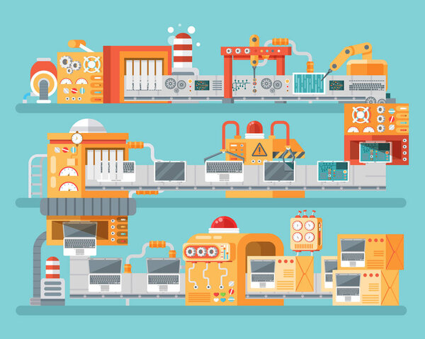 vertical illustration of conveyor for assembly and packaging, production  personal laptops in flat style