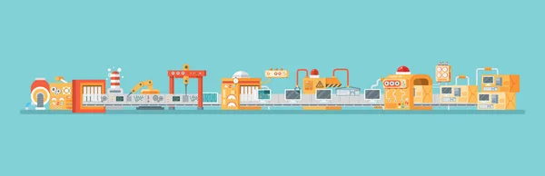 Ilustración horizontal del transportador para el montaje y el embalaje, computadoras personales de la producción en estilo plano — Vector de stock