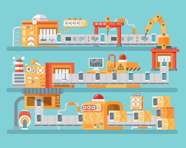 vertical illustration of conveyor for assembly and packaging, production  personal smart phones in flat style
