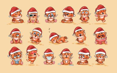 İllüstrasyonlar izole Emoji karakter karikatür kaplan yavrusu çıkartma ifadeleri farklı duygularla