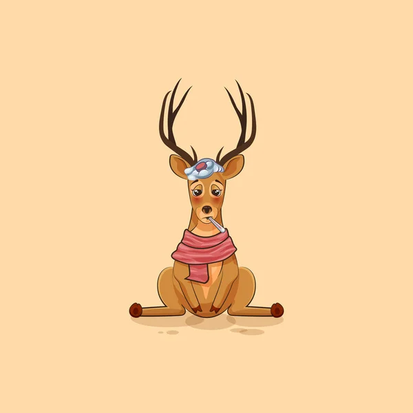 Illustration personnage emoji isolé cerf de bande dessinée malade avec thermomètre dans la bouche autocollant émoticône pour le site — Image vectorielle