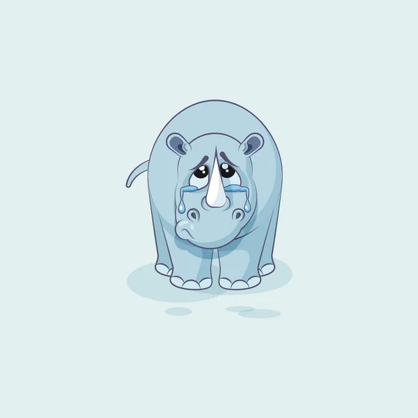 Ilustración emoji aislado personaje de dibujos animados triste y frustrado rinoceronte llorando, lágrimas pegatina emoticono — Vector de stock