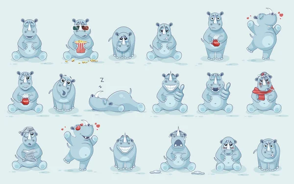 Illustrazioni isolate emoji personaggio cartone animato rinoceronte adesivi emoticon con emozioni diverse — Vettoriale Stock