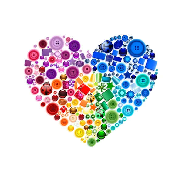 Happy Valentine Day heart decor multicolored buttons, beads, gems, pearl, jewel — Stock Vector