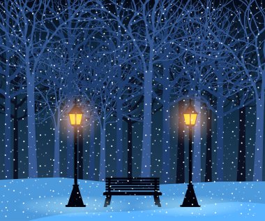 Winter park ve tezgah, ağaçlar, streetlamps ile açık peyzaj