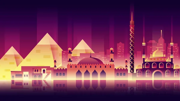 エジプト都市夜ネオン スタイル建築建物町国旅行します。 — ストックベクタ