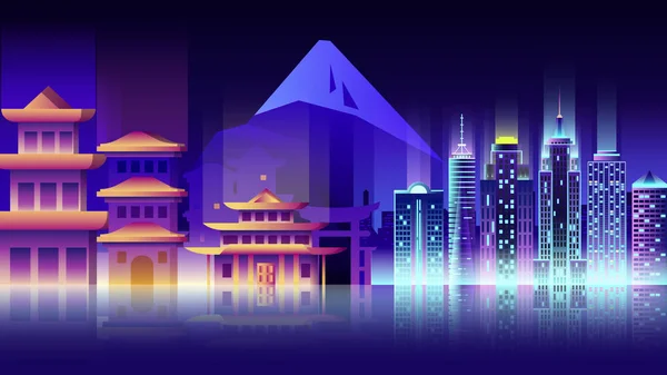 Japon nuit néon style architecture bâtiments ville campagne Voyage — Image vectorielle