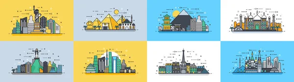 Brésil Russie France, Japon, Inde, Egypte Chine USA architecture bâtiments ville campagne voyage icône style linéaire — Image vectorielle