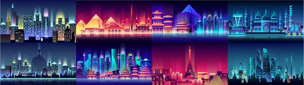 Brasile Russia Francia, Giappone, India, Egitto Cina Stati Uniti d'America notte stile neon architettura edifici città campagna viaggi — Vettoriale Stock