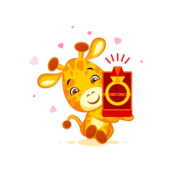 Emoji me marier personnage dessin animé Girafe boîte avec un autocollant anneau emoticon — Image vectorielle