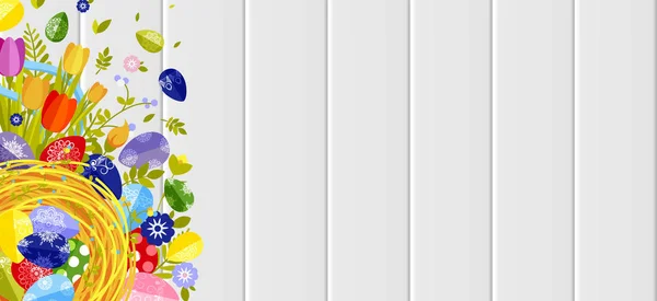 Feliz Pascua fondo huevos de colores, decoración de primavera, dejar, tulipán elemento de diseño de flores en estilo plano — Archivo Imágenes Vectoriales