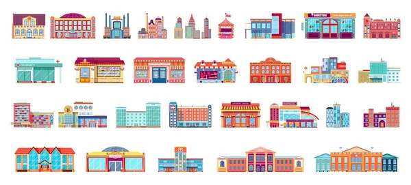 Conjunto vetorial ícones isolados edifícios de arquitetura em estilo plano —  Vetores de Stock