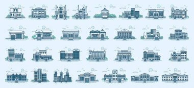 Vector set isolated icons architecture buildings linear style clipart