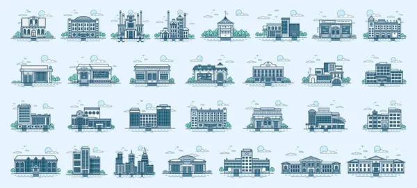 Vector set isolated icons architecture buildings linear style — Stock Vector