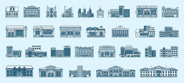 Vector set isolated icons architecture buildings linear style — Stock Vector