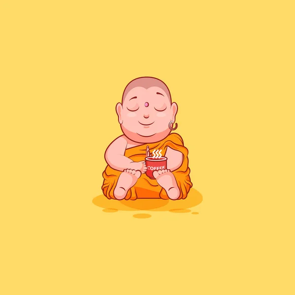 Etiqueta emoji emoticono emoción vector aislado ilustración infeliz personaje de dibujos animados Buda despertó con una taza de café — Archivo Imágenes Vectoriales