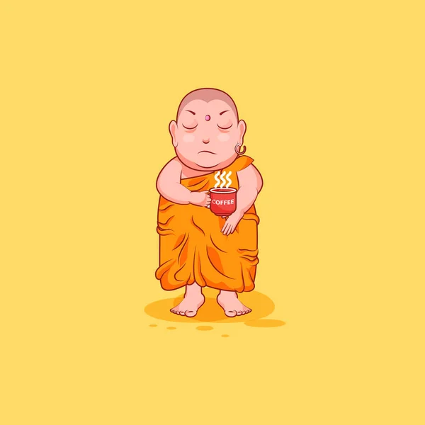 Etiqueta emoji emoticono emoción vector aislado ilustración infeliz personaje de dibujos animados Buda nervioso con taza de café — Archivo Imágenes Vectoriales