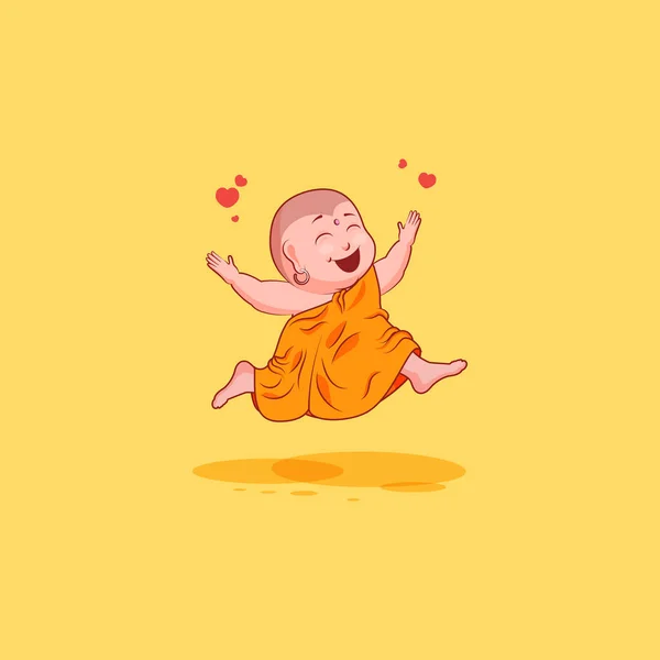 Klistermärke emoji uttryckssymbol känslor vektor isolerade illustration olycklig karaktär tecknad Buddha hoppar av glädje — Stock vektor