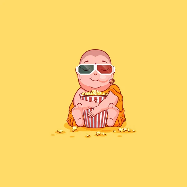 Sticker emoji emoticon emotie vector geïsoleerde illustratie ongelukkig karakter cartoon Boeddha kauwen popcorn film kijken — Stockvector