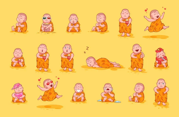 Instellen van kit collectie sticker emoji emoticon emotie geïsoleerd vectorillustratie gelukkig karakter zoete cute little Buddha boeddhistische monnik — Stockvector