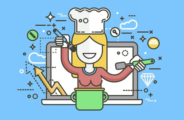 Wektor ilustracja kucharz kucharz dietetyk dietetyk kobieta Hls gotowania szkolenia Edukacja przepis blog odpowiedniej jedzenie zdrową online Tv Pokaż grafiki liniowej odżywianie — Wektor stockowy