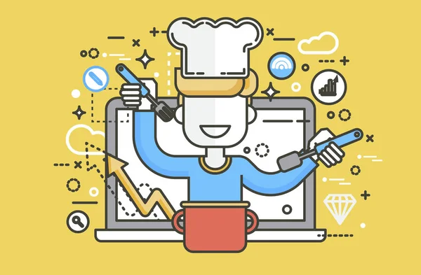 Illustrazione vettoriale chef cuoco nutrizionista dietista uomo HLS cucina formazione formazione ricetta blog corretto sano mangiare stile di vita online TV show nutrizione linea arte — Vettoriale Stock