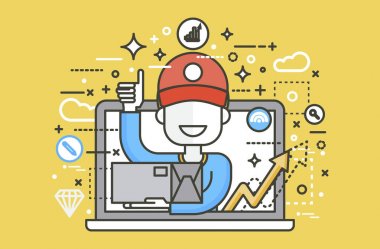 Tasarım öğesi teslim Servisi İş, online sipariş, rezervasyon yönetimi Hat sanatı için vektör çizim seyyar satıcı parsel taşıyıcı adam elinde kutu ambalaj Yaşasın