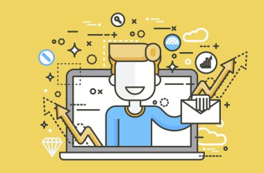 Vektör çizim adam dizüstü dizüstü teslim almak posta mektup mesaj tasarım öğesi, abonelik, pazarlama, e-posta haber bülteni online yönetimi Hat sanatı