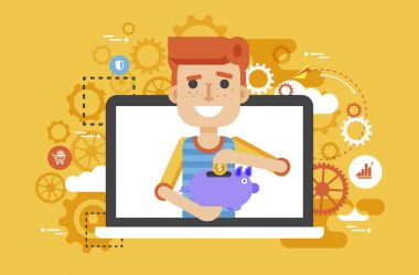 Vektör illüstrasyon adam kumbara eller tasarım öğesinde finansal eğitim, bankacılık, mevduat, kaydetme, indirim, online promosyon, pazarlama, yönetim düz stil