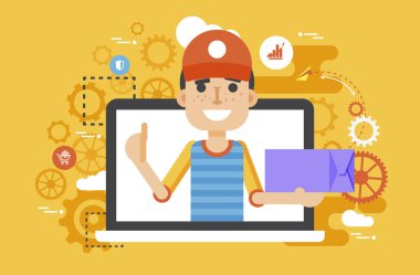 Tasarım öğesi için Teslimat Servisi İş, online sipariş, rezervasyon, yönetim düz stil vektör çizim seyyar satıcı parsel taşıyıcı adam elinde kutu ambalaj Yaşasın