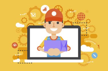 Vektör çizim seyyar satıcı parsel taşıyıcı adam ambalaj kutusu elinde tasarım, öğe teslim Servisi İş, indirim, rezervasyon, yönetim düz stil online sipariş için