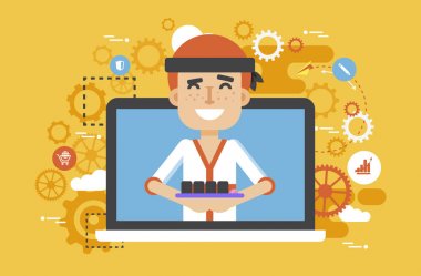 Vektör çizim üretim Japon gıda, sushi ustası, adam tasarım öğesi teslim Servisi İş, online satış, sipariş, rezervasyon, promosyon yönetimi düz stil için