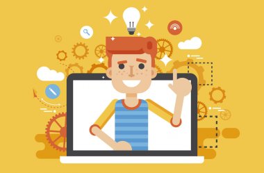 Vektör çizim adamla fikir, lamba ampul baş ve işaret parmağı düz stilde yukarıda