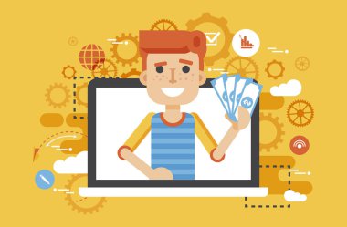 Vektör çizim adam para el online pazarlama yönetimi düz tarzında düz stil