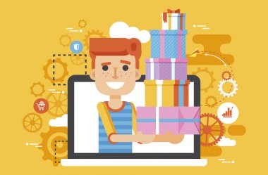 Vektör çizim adam dizüstü dizüstü ile çok eşya kutuları hediye düz tarzı alışveriş