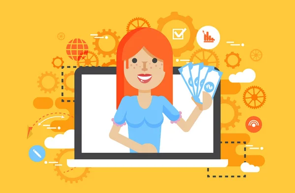 Vektorové ilustrace žena peníze v rukou online marketing management ploché styl v plochý — Stockový vektor