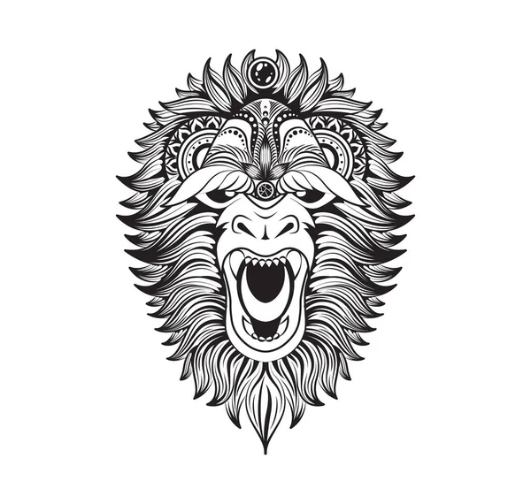 Vector illustration abstract isolated predatory unusual grin wild animal yeti decorated black linear doodle — Stock Vector