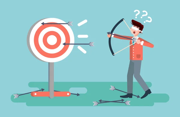 Vector illustration businessman hits target unsuccessful shot from bow regression wrong solution business failure marketing unachievable unlucky idea non-progress loss start-up in flat style — Stock Vector