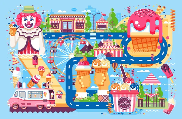 Entreprise d'illustration vectorielle vendant différents types de crème glacée vente de nourriture avec machine, repas sur roues clown parc d'attractions bonbons vanille chocolat fruit remplissage café près de la route dans le style plat — Image vectorielle