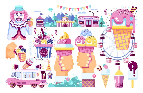 Векторные изолированные иллюстрации бизнеса продажи мороженого продажи продуктов питания с машиной, питание на колесах клоун парк развлечений сладкий ванильный шоколад заполнения кафе дороги плоский стиль белый фон — стоковый вектор